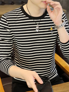 เสื้อยืดคอกลมแขนยาวลายทางสีดำขาว ทรงสลิมฟิต แฟชั่นฤดูใบไม้ผลิและฤดูใบไม้ร่วง สำหรับผู้ชาย เสื้อชั้นในลำลอง