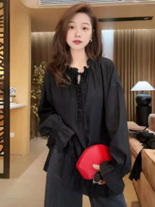 Fashionable V-neck Shirt Womens Large Size Long Sleeve Button Detail Elegant Top Wood Grain Edge Design Casual Office Wear