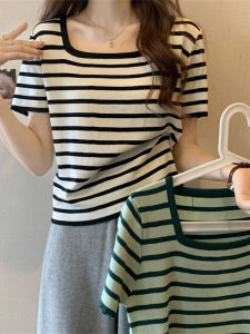 Summer Fashion French Style Striped Square Neck Ice Silk T-Shirt