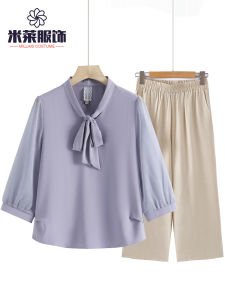 Fashionable Casual Chiffon Shirt Sleeveless Top for Elderly Women V-neck Thin Summer Clothing Loose Fit Eighteen Pants Set