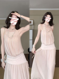 Karrar betsey | Đầm Chiffon Dài Quai Spaghetti Màu Hồng Nhạt Eo Nép Nếp Pleated Đẹp Mắt