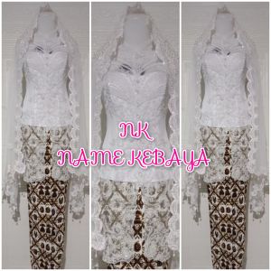 set kebaya akad nikah kebaya maneten putih + slendang mutiara