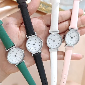 Jam Tangan Kuarsa Wanita Pria Bulat Sederhana Dengan Tali Kulit Yang Nyaman