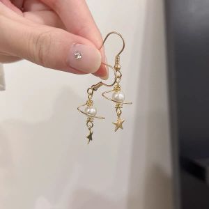 Gold Planet Pearl Star Swirl Earrings Hook Dangling Ethereal Space Minimalistic Galaxy