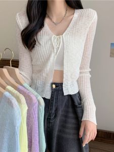 French Style Ice Silk Knitted Light Weight V-Neck Womens Cardigan Sleeveless Shawl Outerwear Commute Style Regular Fit Long Sleeve