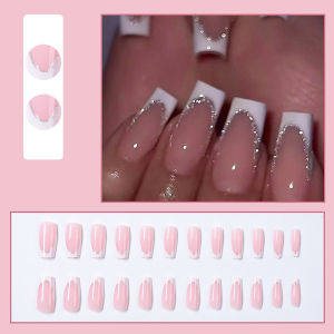 Medium Square fake nails for women gilrs black white french style with silver sparkling strips full cover press on false nail