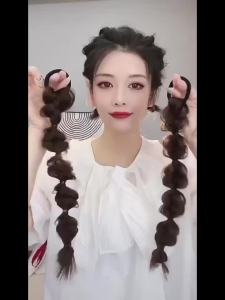 ZEO Natural Dyed Ponytail Wig Twist Braids Hand Editing Bubble Ponytail Wig Synthetic Ponytail Straight Hair Wig