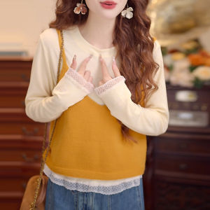 เสื้อกั๊กถักแขนยาวผ้าลูกไม้สไตล์ย้อนยุค 2 ชิ้น แฟชั่นสำหรับผู้หญิง ฤดูใบไม้ร่วง 2025 ผ้าฝ้ายผสมโพลีเอสเตอร์ ระบายอากาศได้ดี