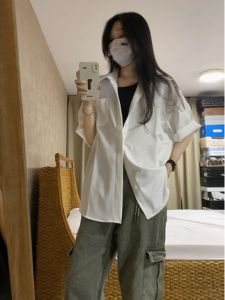 White Ice Silk Short Sleeve Shirt Mens Summer Thin Draping Effect Half Sleeve Shirt Handsome Fancy Jacket