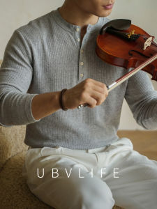 UBV | Half Placket Henry Collar Rib Knit Long Sleeve T-shirt