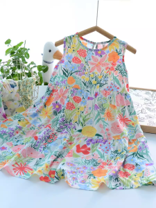 Summer Vacation Style Floral Cotton Blended Dress for Girls