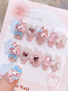 INS Dopamine Manicure Wear Nail Cartoon My Melody Pink Gentle White Bows Heart Diamond Fake Nails