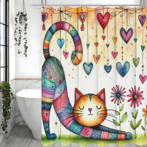 น่ารัก Cat Love Collage Art ผ้าม่าน ห้องน้ําตกแต่งผ้าม่าน ผ้าม่านกันน้ําพร้อมตะขอ