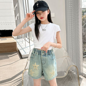 Girls Short Pants Summer Thin Cotton Denim High Waist Elastic Waistband Childrens Clothing Breathable Comfortable Pure Cotton