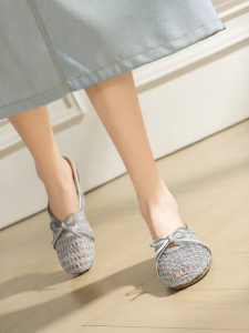 Josiny | Silver Bow Detail Peep Toe Slippers Summer