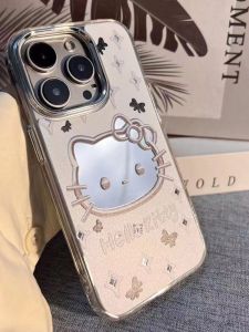 เคสโทรศัพท์ซิลิโคนป้องกันการตกหล่นรูใหญ่สำหรับสาวน้อยน่ารัก KT Cat Mirror Apple 15promax iPhone 16pro เคสโทรศัพท์แบบหลัง