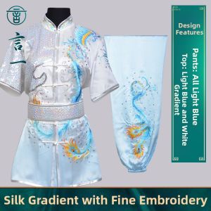 Gradual Color Blue Phoenix Silk Handmade Sequin Custom Martial Arts Performance Outfit