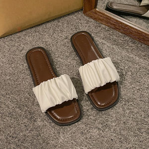 Sifu Birdผู้หญิงรองเท้าแตะด้านล่างแบน 2024 ฤดูร้อนสไตล์ใหม่Retro Retroจีบเดี่ยวสายรองเท้าแตะชายหาดกันน้ําวัสดุผ้าลินิน