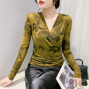 Yimei Áo Thun Nữ lưới xếp li thường ngày cổ chữ V dài tay thường ngày Áo Thun Cơ Bản lưới in họa tiết mới 2024 thu cho áo phong cách hoài cổ