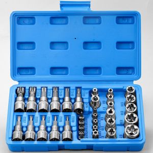 Professional 34pcs Torx Bit Socket & E-Torx Star ซ็อกเก็ตชุด 1/4 "3/8" 1/2 "ไดรฟ์ชายหญิง E-torx Bits มือถือเครื่องมือกรณี