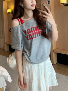 Shalldoer | Summer New Womens Loose Slim Fit Short Sleeve T-shirt Letter Print Casual Style Shoulder Strap Top Creative Pattern Round Neck