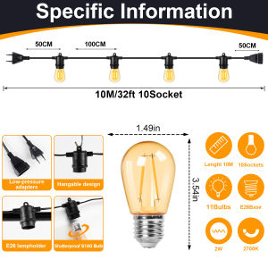 S14 String Lights for Outside E27 220V EU PLUG Led Lights 2W Plastics Shatterproof Waterproof Garden Wedding Lights Decoration