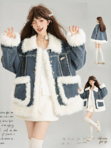 KEIKO | Áo Khoác Jean Lông Cừu Giả Nỉ Retro Dày