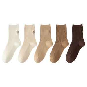 JIAZINI | White Cotton Womens Mid-Calf Long Tube Socks Breathable Sweat Absorbent Embroidered No-Cuff Autumn Winter Cotton Socks