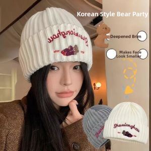 Cute Bear Embroidery Thick Yarn Knitted Hat Womens Autumn Winter New Style Warm Japanese Style Cold Cap Head Cover Knit Hat