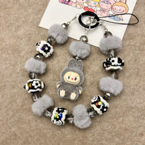 Original Gift Diy Flocking Plush Keychain Mobile Phone Strap Acrylic Hand-painted Bead String Cute Particle Bag Charm