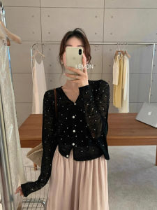 CHOEFULYN | Áo Cardigan Mở Dệt Kim Lụa Băng Đen Chấm Bi Cổ V Mới Mùa Hè Bảo Vệ Da
