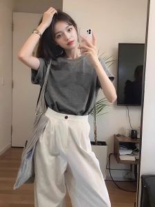 เสื้อยืดแขนสั้นคอกลมสีเทาไหล่ตรงสำหรับผู้หญิงเสื้อยืดผ้าฝ้ายแท้แขนสั้นทรงหลวมดูผอมเพรียวไซส์ใหญ่ดูแพงสำหรับฤดูร้อนเสื้อยืด