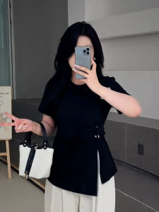 plus Size Womens Black Side Waist Knot Short Sleeve T-Shirt Slimming Top Korean Style Commute Pure Color Wear Resistant
