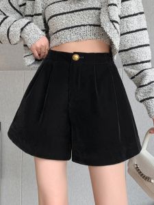 Gold Velvet High Waist A-Line Wide Leg Pants Short Shorts Autumn Winter New Style Womens Black Outerwear Bottoming Trousers