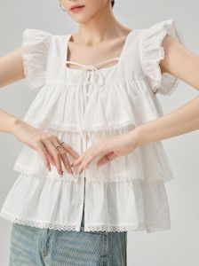 GULILI | Square Neck Tied Hem Lace Sleeveless Blouse Summer