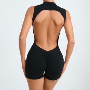 Fashion Sleeveless Back Cut Out Yoga Jumpsuit Shorts Sports Fitness Detachable Chest Pad Peach Hip Jumpsuit