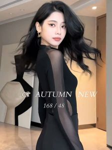 Early Autumn Half Turtleneck Bottoming Shirt Womens Inner Match Thin Gauze Clothes Fall and Winter Tight-Fitting Cinched Hollow out Stitching Mesh Tops