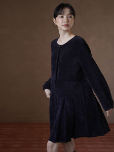 hacikis | Retro Warm Tone Velvet Dense Vertical Corduroy A-Line Slimming Dress