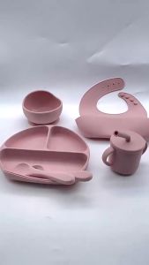 Baby Feeding 6pcs Silicone Baby Plate Set Infant Silicon Bib Suction Bowl Cup Spoon Forks Set.