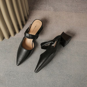 Zhuo Saint Womens Sandals Summer 2025 New Outdoor Wear Thick Medium Heel Match Skirts French Elegance Covered Head Half Slip High Heels