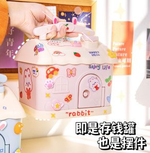 CNY Kawaii Rabbit Piggy Bank with Lock 3D stickers Large Organizer Storage Box Girls money saving box Change Coin Children ATM Coin Bank Machine children gifts