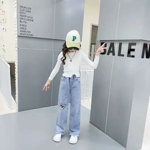 Girls denim wide-leg casual pants Large childrens fall and winter straight-leg pants