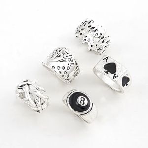 Vintage Poker Rings Set Gothic Punk Rings for Men Exaggerated Personality Halloween Jewelry Anel Masculino Punk Poker Joker Silver Color Rings for Men Goth Skeleton Billiards Set Couple Fashion Jewelry Gift