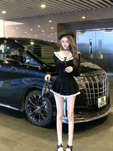 Strive หวาน และ Spicy College Style Navy ปกเสื้อ กระโปรงทรงเอ ชุดสําหรับ พลัสไซส์ ผู้หญิงแขนสั้นแขนยาว ฤดูใบไม้ร่วง ชุด