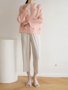 Miyake pleated Cool feeling new loose fashionable round neck nail flower cardigan top air-conditioned shirt