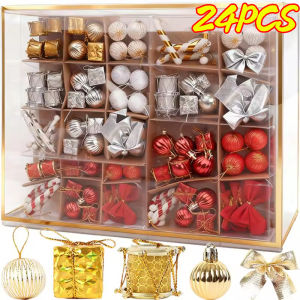 24Pcs/Box Christmas Tree Balls Bow Crutch Hanging Ornament Pendants Set Christmas Decorations For Home New Year