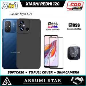 Cade Xiaomi Redmi 12C Paket 4in1 Camera Softcase Slim Black Matte Case Liquit + Anti Gores Ceramic Matte Anti Spy + Skin Camera Lens + Skin Carbon 3D