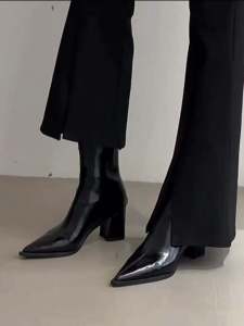 Crazy Star Group ~ French Black Chunky Heel Leather Martin Boots Womens Elegant High Heel Pointed Ankle Boots Fall and Winter Bootie