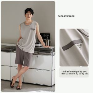 yuenei | Bộ đồ ngủ mùa hè Modal Ice Silk nam thường ngày Bộ đồ ngủ hai mảnh thoáng khí thoải mái cho nam tuổi trẻ