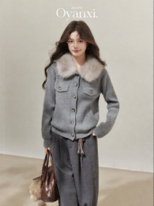 OUYANGXI | Áo Khoác Cardigan Len Xám Thu Đông